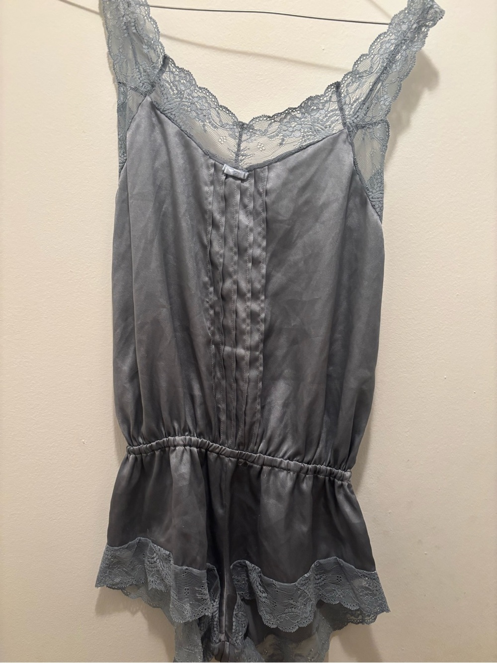 Victoria's Secret Slate Blue Satin Lace-Trim Romper